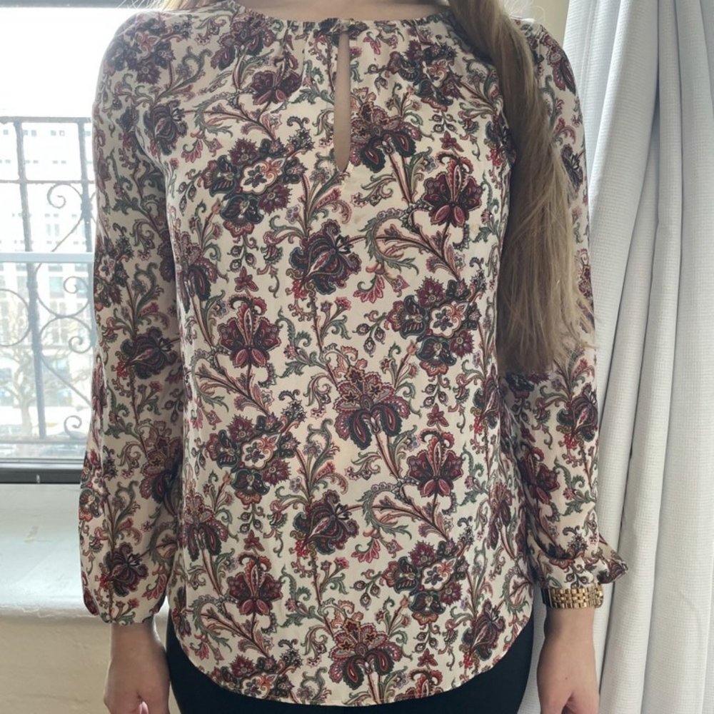 Bohemian floral peasant blouse, keyhole neckline
